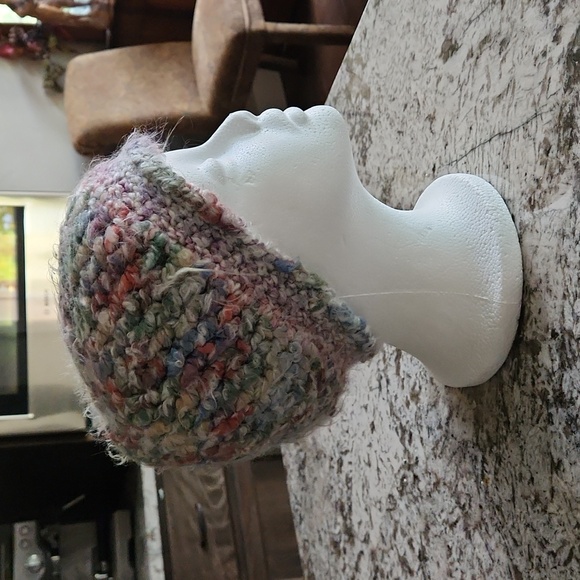 Handmade Knitted - Ali McGraw- Style Hat In Multi-Colors White Green Pink & Blue